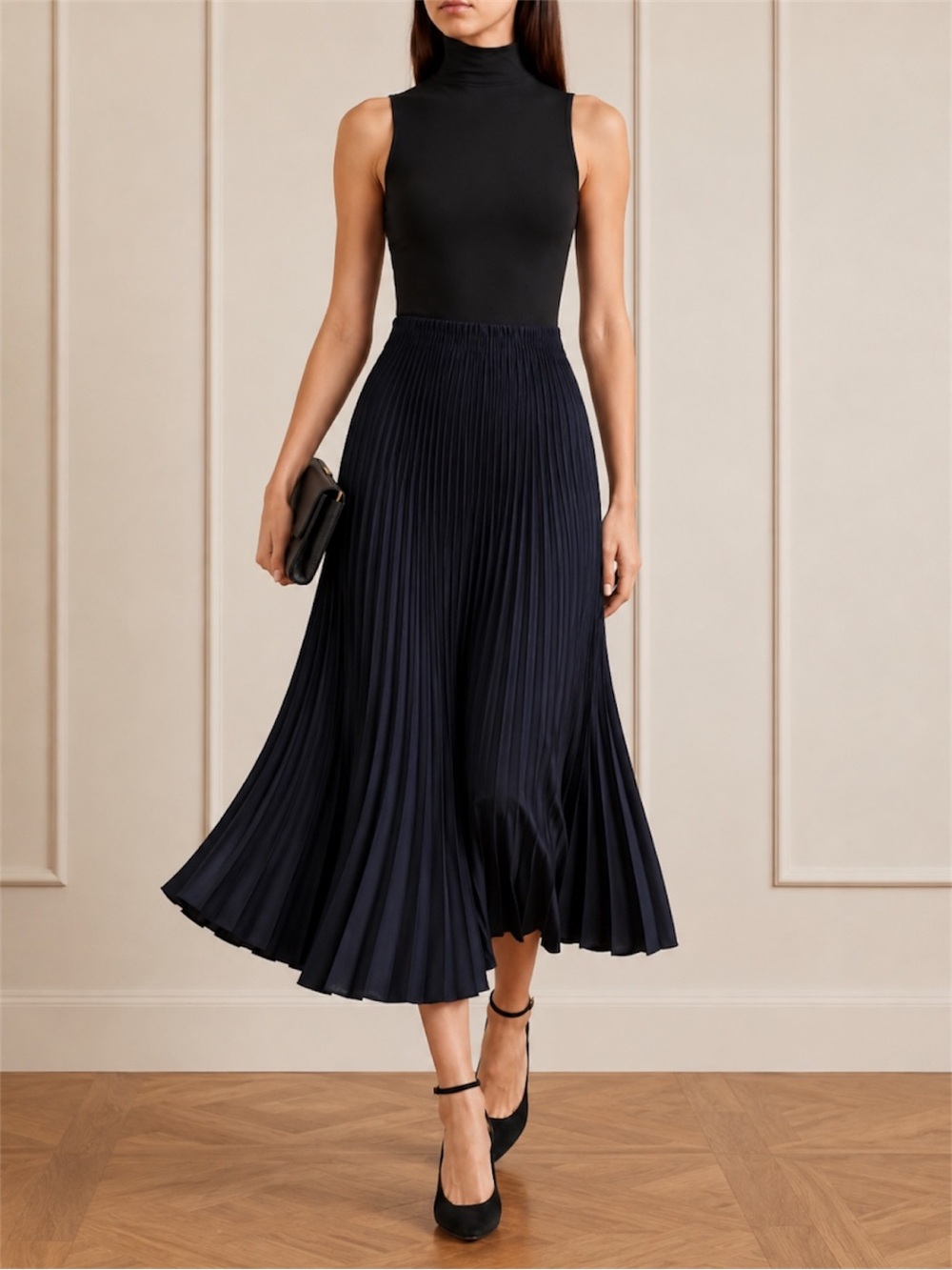 Max Studio Black Micro Pleated A-line Midi Skirt Women’s Large Minimalist Chic